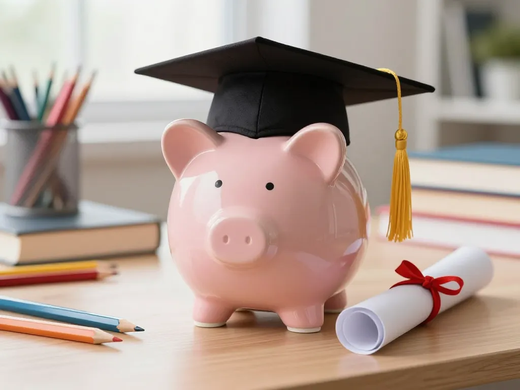 A photorealistic image of a piggy bank on a desk with a graduation cap and diploma beside it, surrounded by colorful pencils and books, with soft natural lighting from a window, suggesting savings for education.