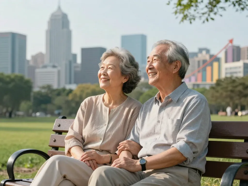 An elderly couple sitting on a park bench, looking happy and relaxed, with a bright future ahead. In the background, a modern city skyline and a graph showing growth. Realistic, warm tones, optimistic atmosphere.