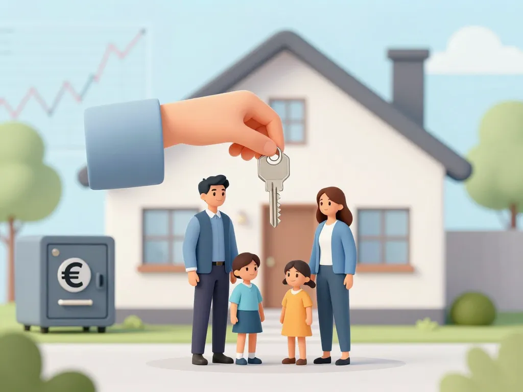 A professional, clean illustration of a family standing in front of a modern house, holding a symbolic key. In the background, a subtle financial chart and a small safe with a euro sign. Soft blue and green tones, realistic style, high quality, 16:9 aspect ratio.