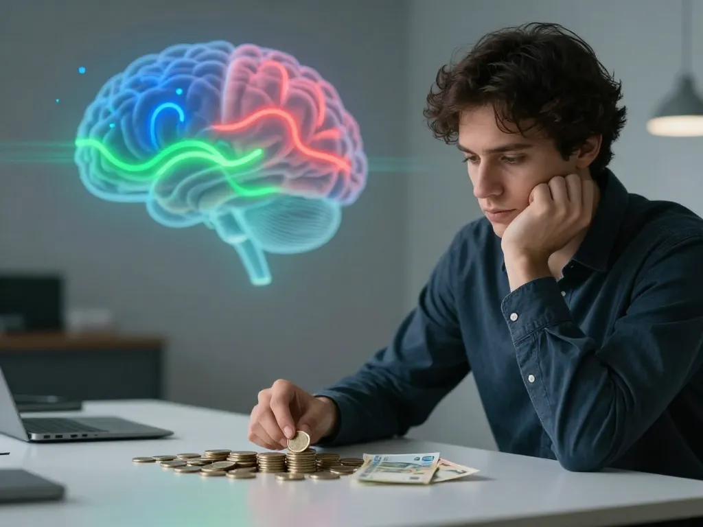 A realistic photograph of a person sitting at a table, looking thoughtfully at a stack of coins and banknotes. In the background, a faint representation of a brain with glowing emotions like fear (blue), greed (red) and calm (green) as abstract waves. Soft lighting, modern interior, reflective mood, high detail.