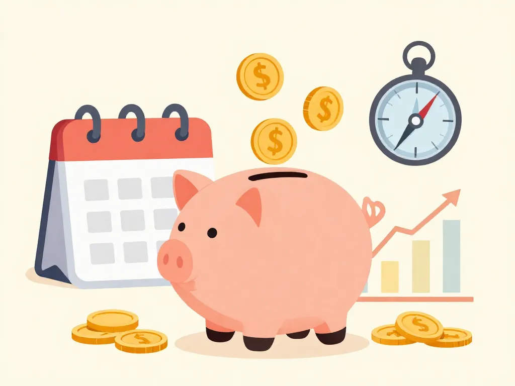 A clean, minimalist illustration of a piggy bank with coins flowing into it from a calendar, representing regular small investments. Graphs and a compass in the background show steady growth and direction. Warm colors, simple shapes, digital art style.