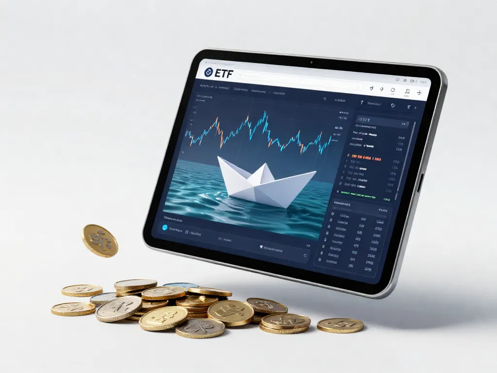 A photorealistic illustration of a diverse investment portfolio represented by a sleek, modern digital interface on a tablet, floating above a pile of coins and stock market graphs, with a small paper boat labeled 'ETF' on a calm ocean of data, in the style of a financial magazine cover, clean and professional, 8K resolution.